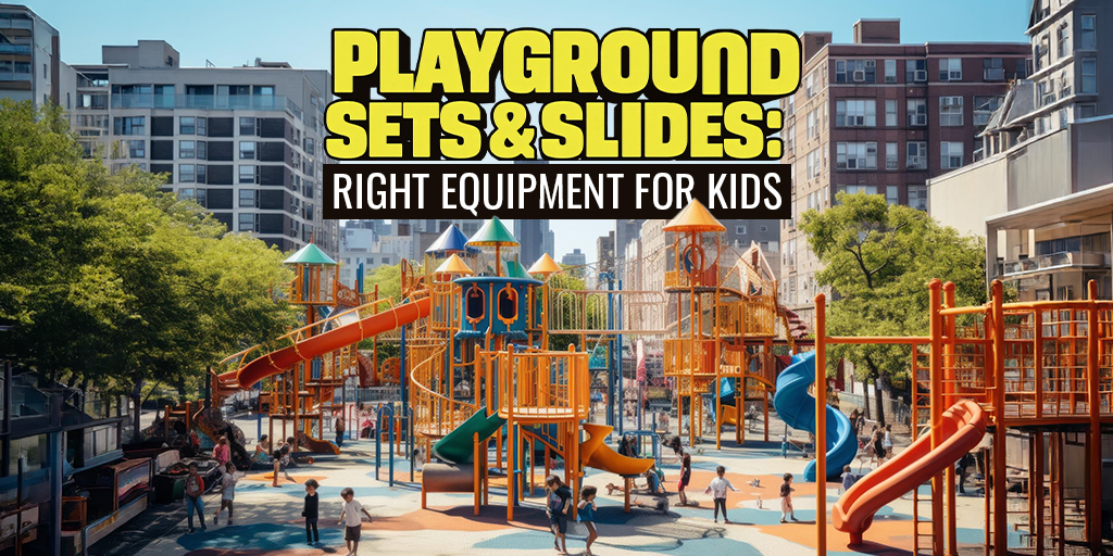 Outdoor playground set with slides, and climbers in a kids play area